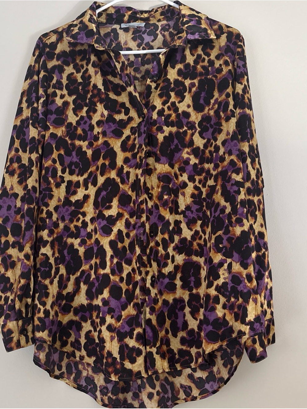Leopard Print Button-Down Shirt in Purple and Tan